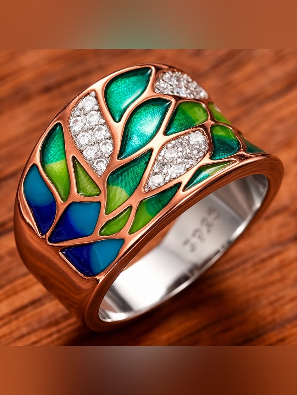 🌿 Bohemian 925 Sterling Silver Enamel Leaf Ring • Size 7